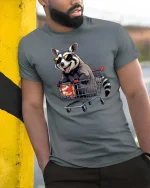 Cool Raccoon Shopping Cart T-Shirt Funny Trash Panda Tee - model wearing grey tee, leaning on column