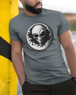 Alien Moon Graphic T-Shirt Cosmic UFO Space Sci-Fi Tee - model wearing grey tee, leaning on column