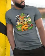 Cute Animal Friends Cartoon T-Shirt Funny Kids Style Graphic Tee - model wearing grey tee, leaning on column