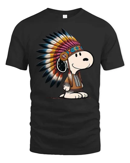 Cute Dog Native American Headdress Cartoon T-Shirt Tee - black t-shirt on white background