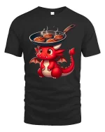 Cute Dragon Cooking Steak Funny BBQ Cartoon T-Shirt Tee - black t-shirt on white background