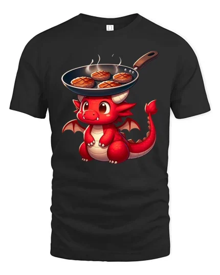Cute Dragon Cooking Steak Funny BBQ Cartoon T-Shirt Tee - black t-shirt on white background