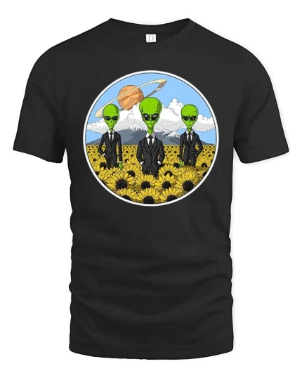 Funny Alien Agents Sunflower Field UFO Sci-Fi T-Shirt Tee - black t-shirt on white background