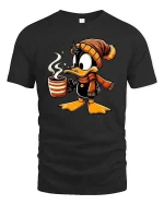 Cute Winter Duck Coffee Lover Cartoon T-Shirt Cozy Tee - black t-shirt on white background