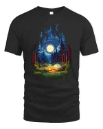 Moonlight Forest Camping Campfire Nature T-Shirt Graphic Tee - black t-shirt on white background