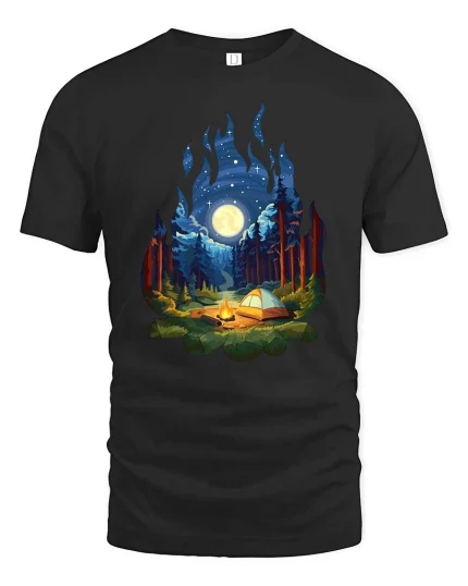 Moonlight Forest Camping Campfire Nature T-Shirt Graphic Tee - black t-shirt on white background