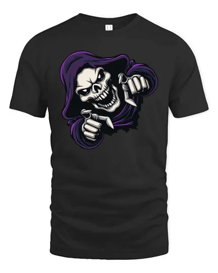Grim Reaper Skull Pointing Funny Gothic Halloween T-Shirt Tee - black t-shirt on white background