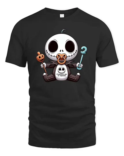 Cute Halloween Skeleton Baby Pumpkin Training T-Shirt Tee - black t-shirt on white background