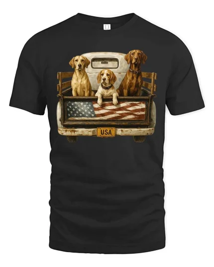 Patriotic Hunting Dogs USA Flag Truck Bed T-Shirt Tee - black t-shirt on white background