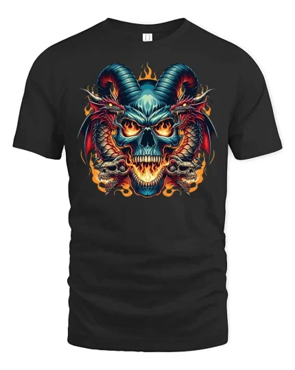 Demonic Skull Dragon Flames Gothic Horror T-Shirt Tee - black t-shirt on white background