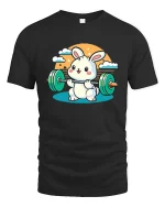 Cute Bunny Weightlifting Gym Fitness Cartoon T-Shirt Tee - black t-shirt on white background