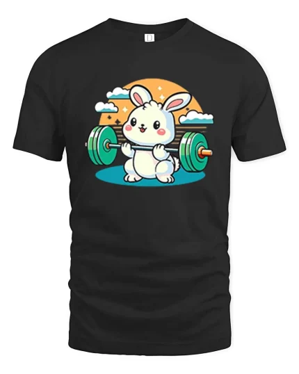 Cute Bunny Weightlifting Gym Fitness Cartoon T-Shirt Tee - black t-shirt on white background