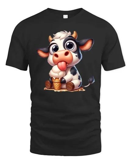 Cute Cow Eating Ice Cream Funny Farm Animal T-Shirt Tee - black t-shirt on white background