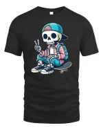 Cool Skeleton Skateboard Street Style Funny T-Shirt Tee - black t-shirt on white background