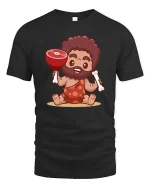 Funny Caveman Meat Cartoon Prehistoric Humor T-Shirt Tee - black t-shirt on white background