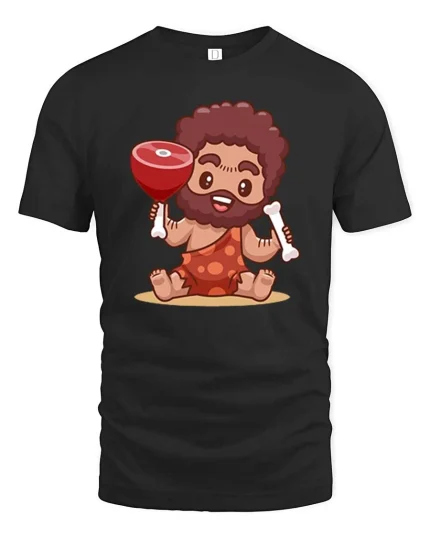 Funny Caveman Meat Cartoon Prehistoric Humor T-Shirt Tee - black t-shirt on white background