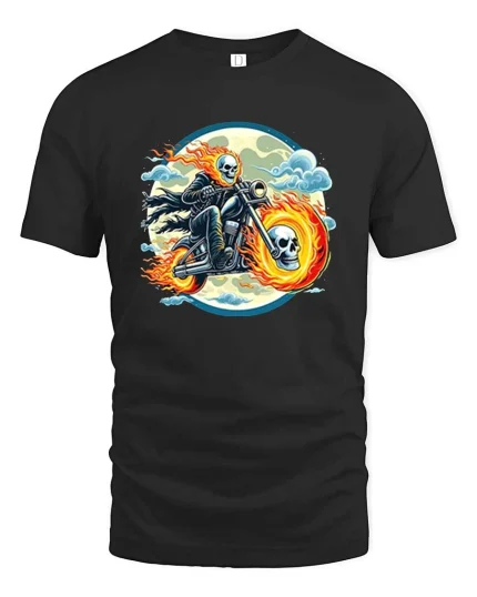 Flaming Skull Biker Motorcycle Gothic Rider T-Shirt Tee - black t-shirt on white background