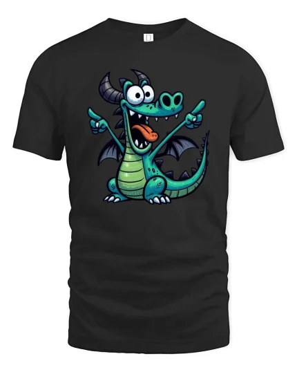 Funny Cartoon Dragon Cute Fantasy Creature T-Shirt Tee - black t-shirt on white background
