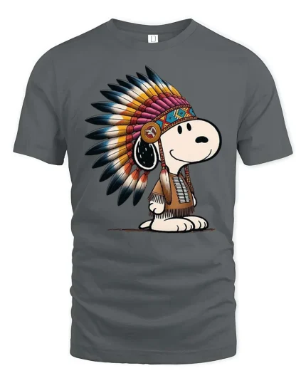 Cute Dog Native American Headdress Cartoon T-Shirt Tee - gray t-shirt on white background