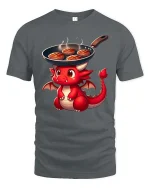 Cute Dragon Cooking Steak Funny BBQ Cartoon T-Shirt Tee - gray t-shirt on white background