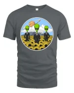 Funny Alien Agents Sunflower Field UFO Sci-Fi T-Shirt Tee - gray t-shirt on white background