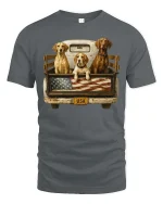 Patriotic Hunting Dogs USA Flag Truck Bed T-Shirt Tee - gray t-shirt on white background