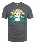 Cute Bunny Weightlifting Gym Fitness Cartoon T-Shirt Tee - gray t-shirt on white background