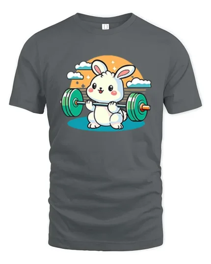 Cute Bunny Weightlifting Gym Fitness Cartoon T-Shirt Tee - gray t-shirt on white background