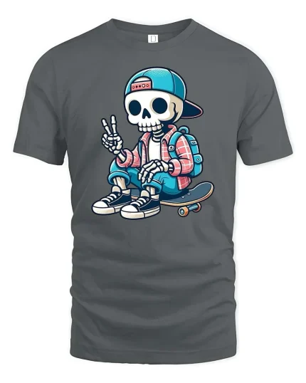 Cool Skeleton Skateboard Street Style Funny T-Shirt Tee - gray t-shirt on white background
