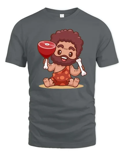 Funny Caveman Meat Cartoon Prehistoric Humor T-Shirt Tee - gray t-shirt on white background