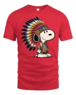 Cute Dog Native American Headdress Cartoon T-Shirt Tee - red t-shirt on white background