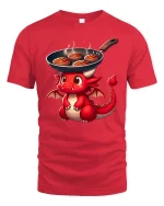 Cute Dragon Cooking Steak Funny BBQ Cartoon T-Shirt Tee - red t-shirt on white background