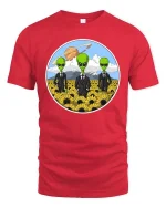 Funny Alien Agents Sunflower Field UFO Sci-Fi T-Shirt Tee - red t-shirt on white background