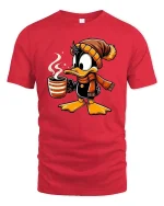 Cute Winter Duck Coffee Lover Cartoon T-Shirt Cozy Tee - red t-shirt on white background