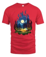 Moonlight Forest Camping Campfire Nature T-Shirt Graphic Tee - red t-shirt on white background