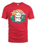 Cute Bunny Weightlifting Gym Fitness Cartoon T-Shirt Tee - red t-shirt on white background