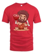 Funny Caveman Meat Cartoon Prehistoric Humor T-Shirt Tee - red t-shirt on white background