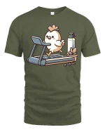 Funny Chicken Workout Gym Fitness Cartoon T-Shirt Tee - military green t-shirt on white background