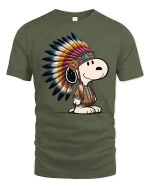 Cute Dog Native American Headdress Cartoon T-Shirt Tee - military green t-shirt on white background
