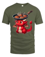 Cute Dragon Cooking Steak Funny BBQ Cartoon T-Shirt Tee - military green t-shirt on white background