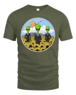 Funny Alien Agents Sunflower Field UFO Sci-Fi T-Shirt Tee - military green t-shirt on white background