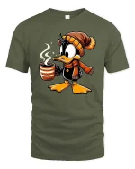 Cute Winter Duck Coffee Lover Cartoon T-Shirt Cozy Tee - military green t-shirt on white background