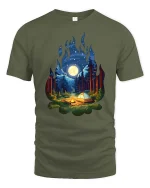 Moonlight Forest Camping Campfire Nature T-Shirt Graphic Tee - military green t-shirt on white background