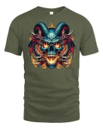 Demonic Skull Dragon Flames Gothic Horror T-Shirt Tee - military green t-shirt on white background