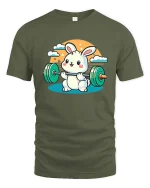 Cute Bunny Weightlifting Gym Fitness Cartoon T-Shirt Tee - military green t-shirt on white background