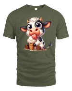 Cute Cow Eating Ice Cream Funny Farm Animal T-Shirt Tee - military green t-shirt on white background