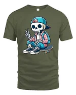 Cool Skeleton Skateboard Street Style Funny T-Shirt Tee - military green t-shirt on white background