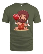 Funny Caveman Meat Cartoon Prehistoric Humor T-Shirt Tee - military green t-shirt on white background