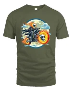 Flaming Skull Biker Motorcycle Gothic Rider T-Shirt Tee - military green t-shirt on white background