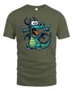 Funny Cartoon Dragon Cute Fantasy Creature T-Shirt Tee - military green t-shirt on white background
